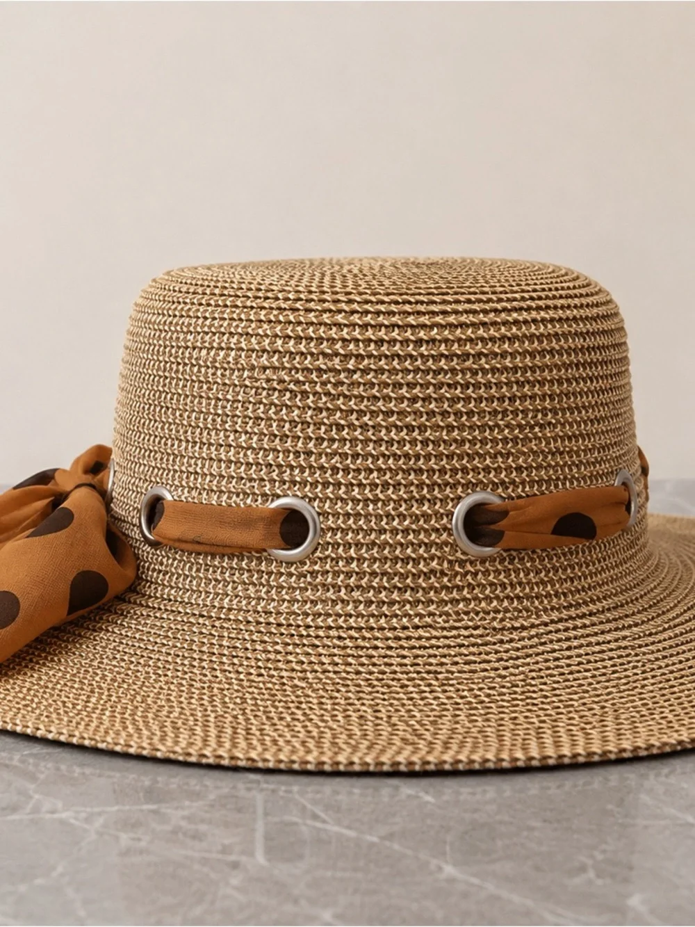 Wide-Brim Straw Sun Hat with Polka Dot Scarf - Tan